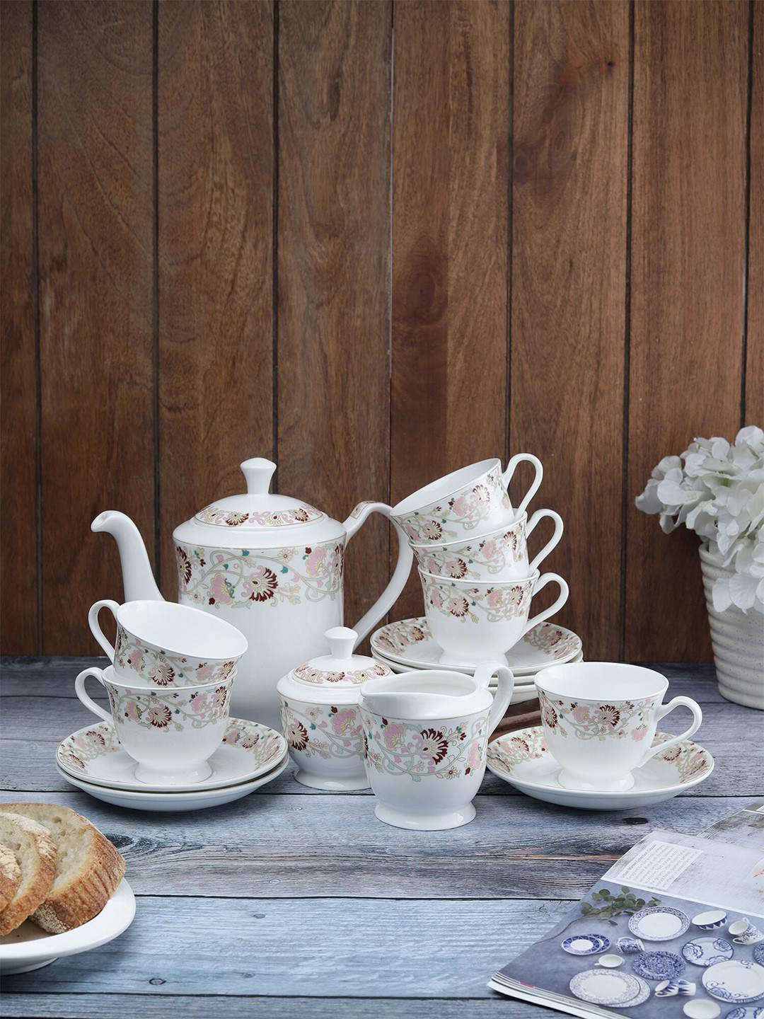 CLAY CRAFT 15 Pcs White & Pink Floral Printed Ceramic Glossy Kettle Set