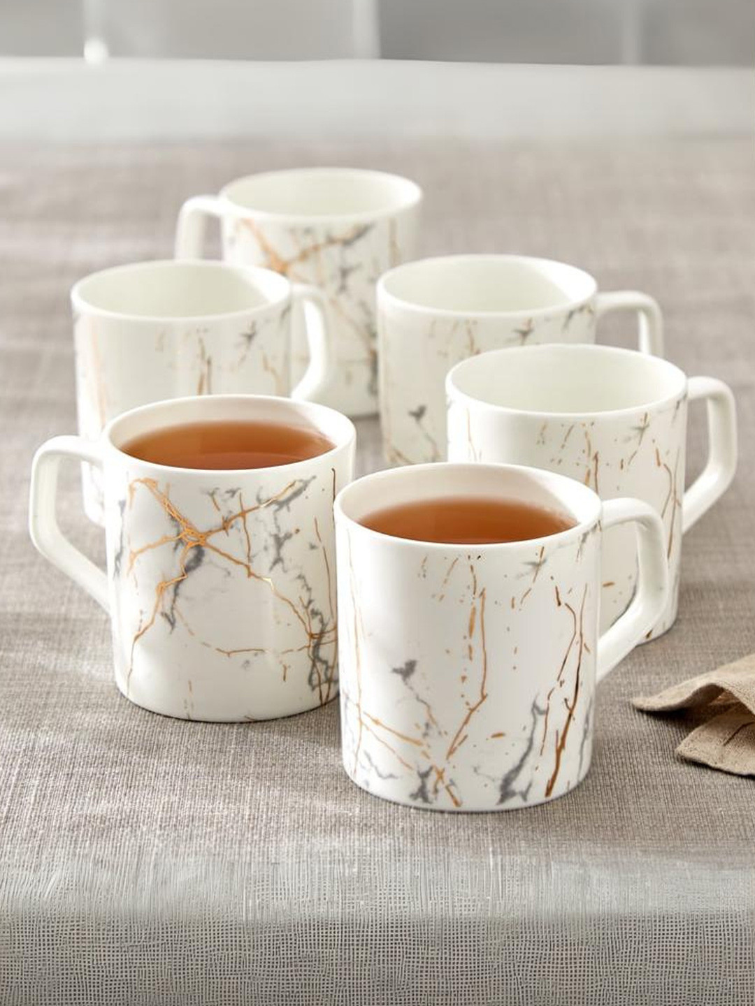 CLAY CRAFT White Abstract Ceramic Microwave Safe 6 Piece Mugs-220ml