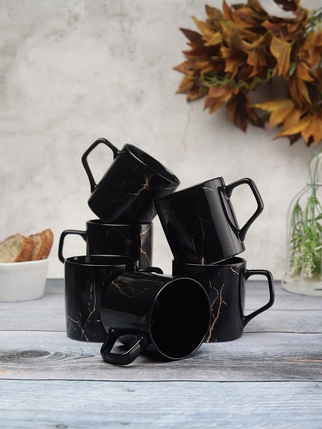 CLAY CRAFT Paws & Sips Combo Black Abstract Ceramic Microwave Safe 6 Piece Mugs-220ml