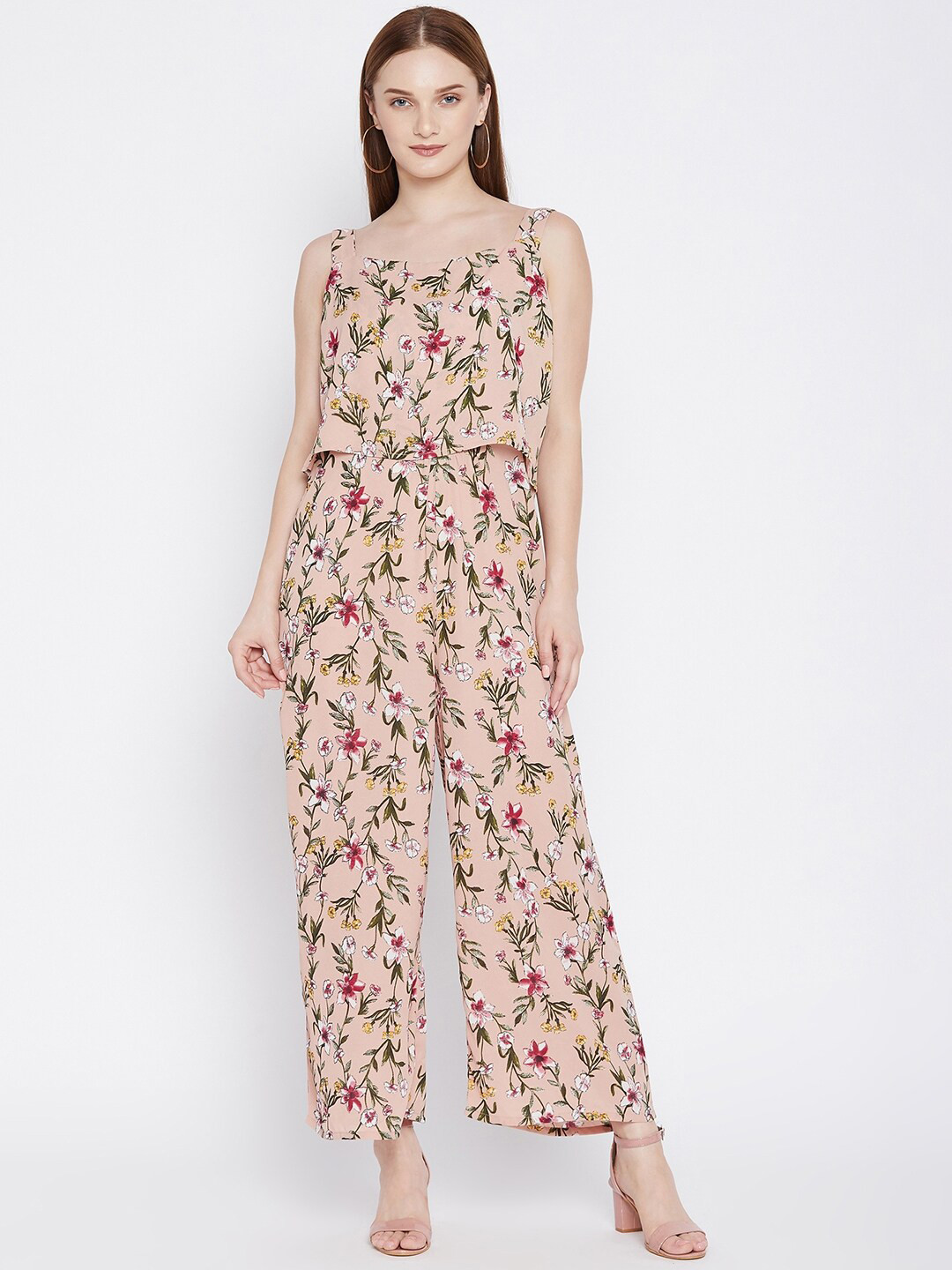 Ruhaans Women Peach-Coloured & Green Floral Printed Jumpsuit