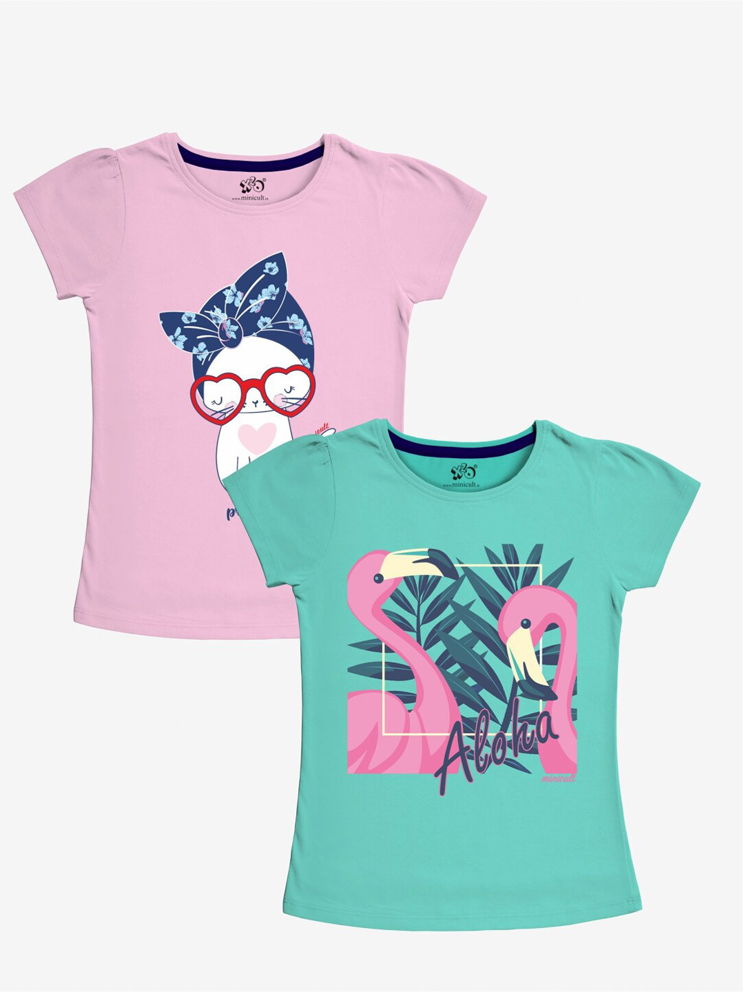 x2o Girls Set-2 Green& Pink Printed T-shirt
