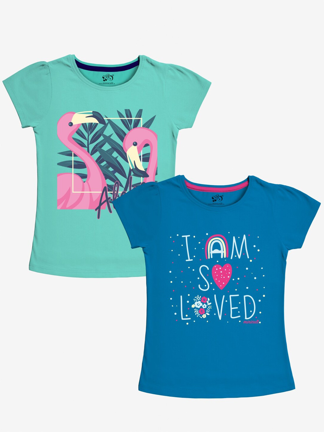 x2o Girls Blue and Green Pack of 2 Typography Printed T-shirts