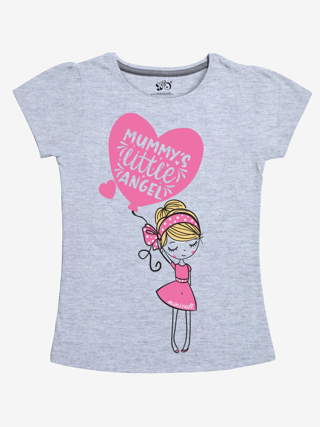 x2o Girls Grey & Pink Printed Puff Sleeves T-shirt