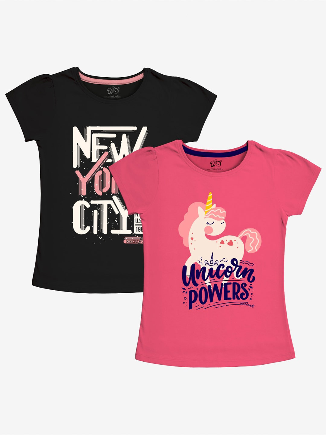 x2o Girls Set-2 Purple& Black Typography Printed T-shirt