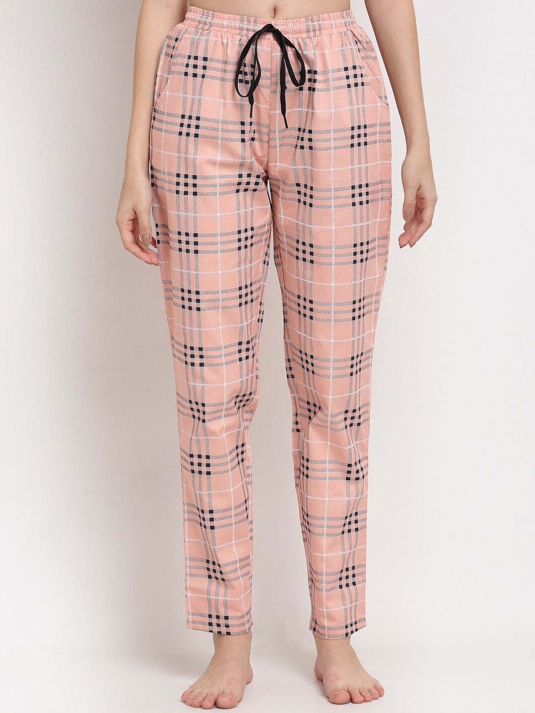 Claura Women Peach-Coloured & Black Checked Pure Poplin Cotton Lounge Pants