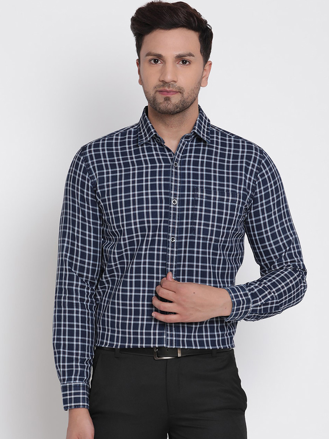 METTLE Men Blue & White Checked Formal Shirt