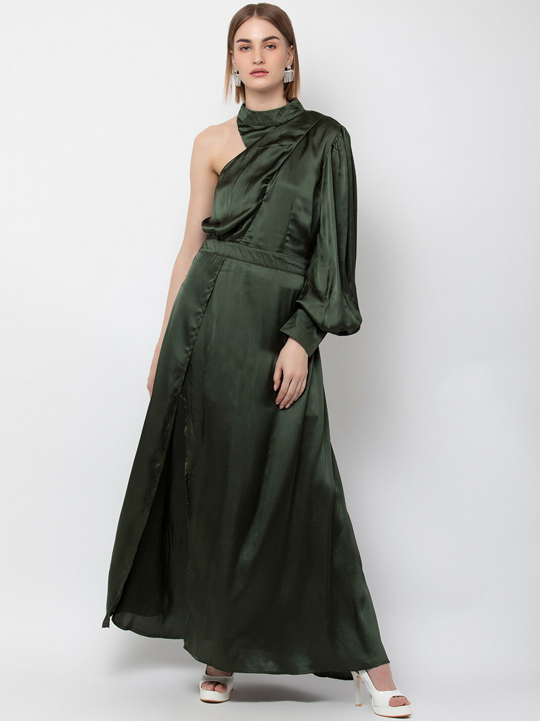 DODO & MOA Women Olive Green Satin Maxi Dress