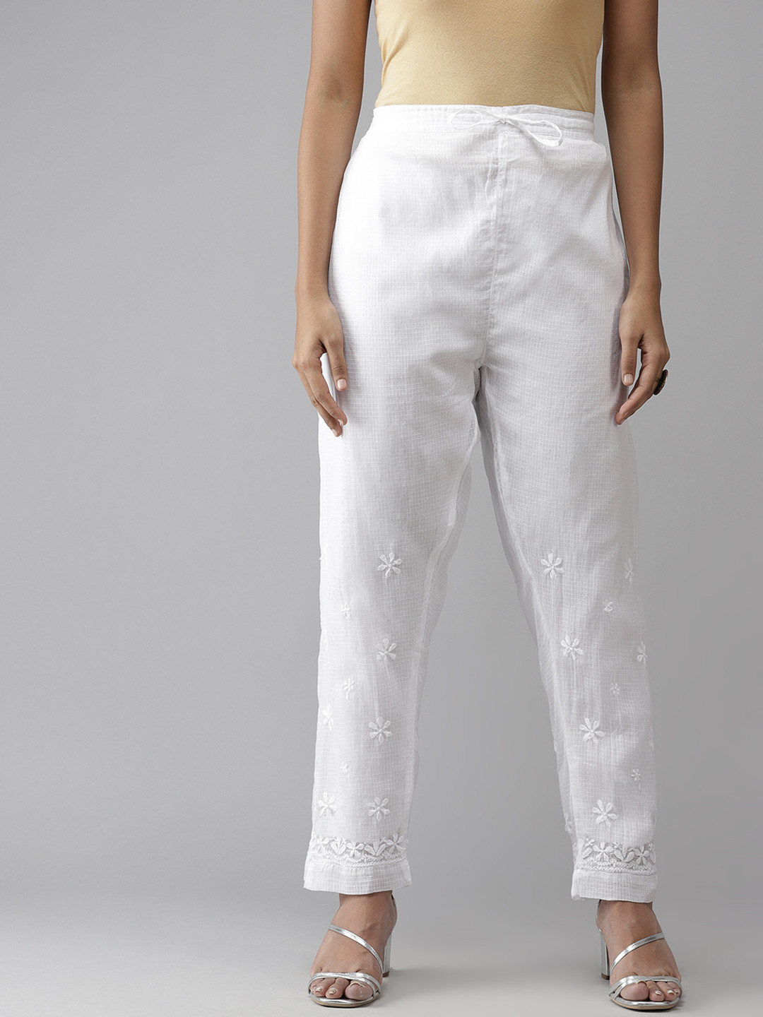 ADA Women White Hem Design Knitted Cropped Palazzos