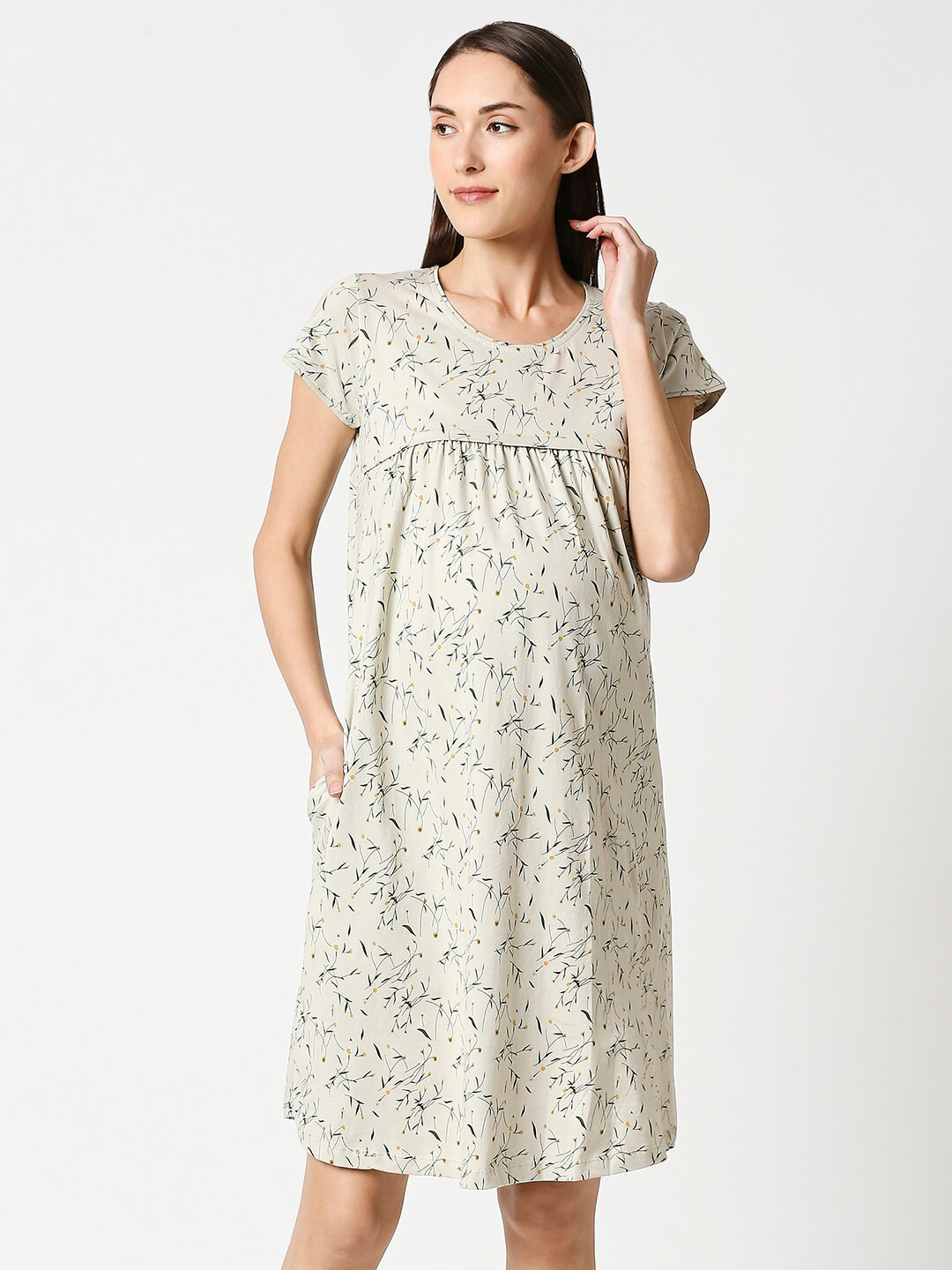 AV2 Off White & Olive Printed Maternity T-Shirt Nightdress