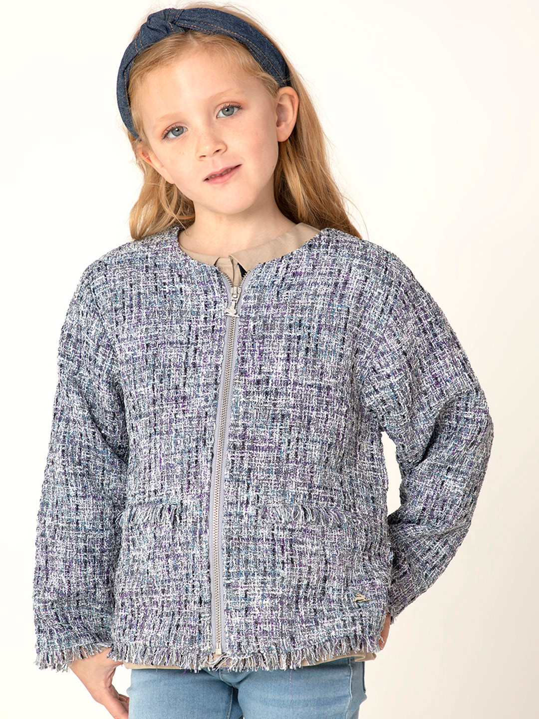 Cherry Crumble Girls Blue Self Design Jacket