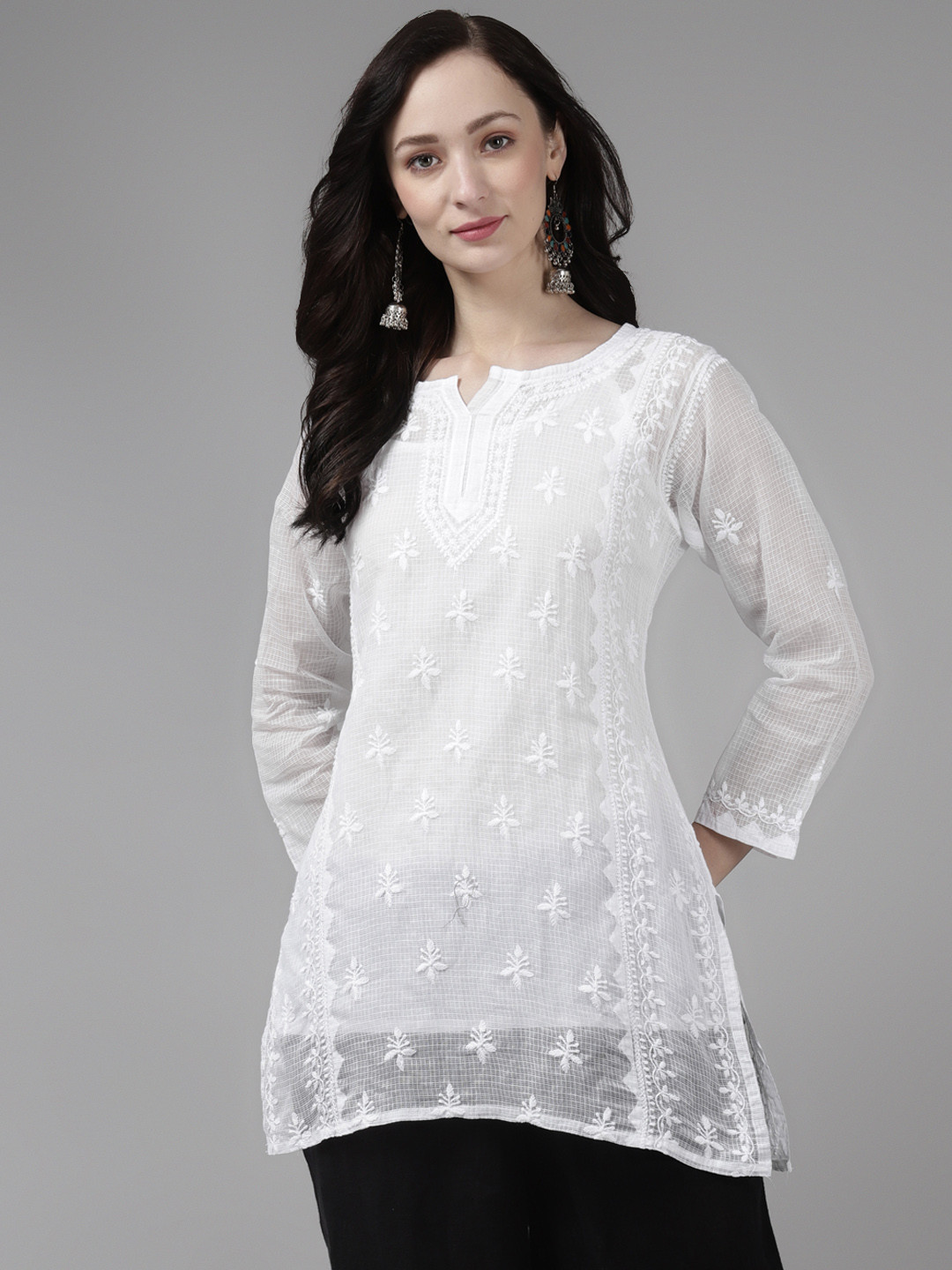 ADA White Ethnic Motifs Embroidered Boat Neck Chikankari Kota Kurti with a Matching Slip