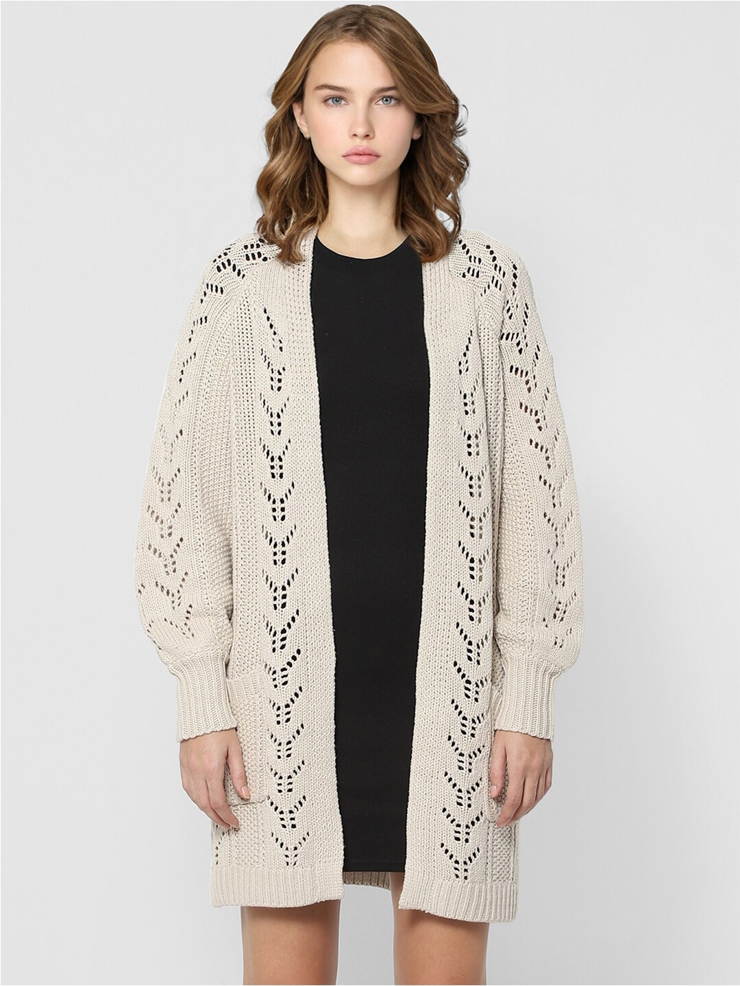 ONLY Women Beige Self Design Longline Open Front Shrug