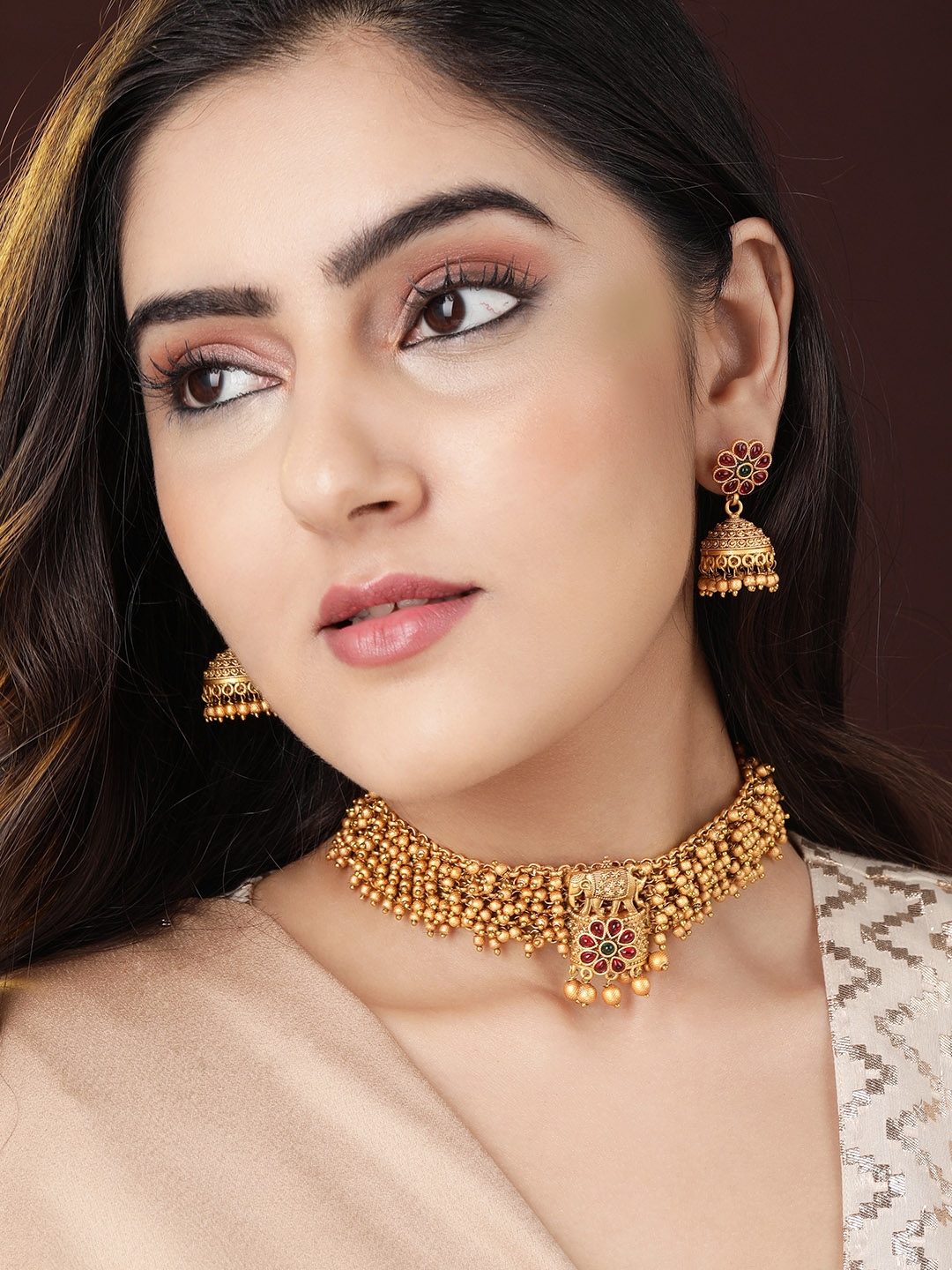 Rubans 24K Gold Plated Handcrafted Ruby Studded & Gold Ghungroo Beaded Temple Choker Set - Jewellery Set for Women 15320046 | Myntra