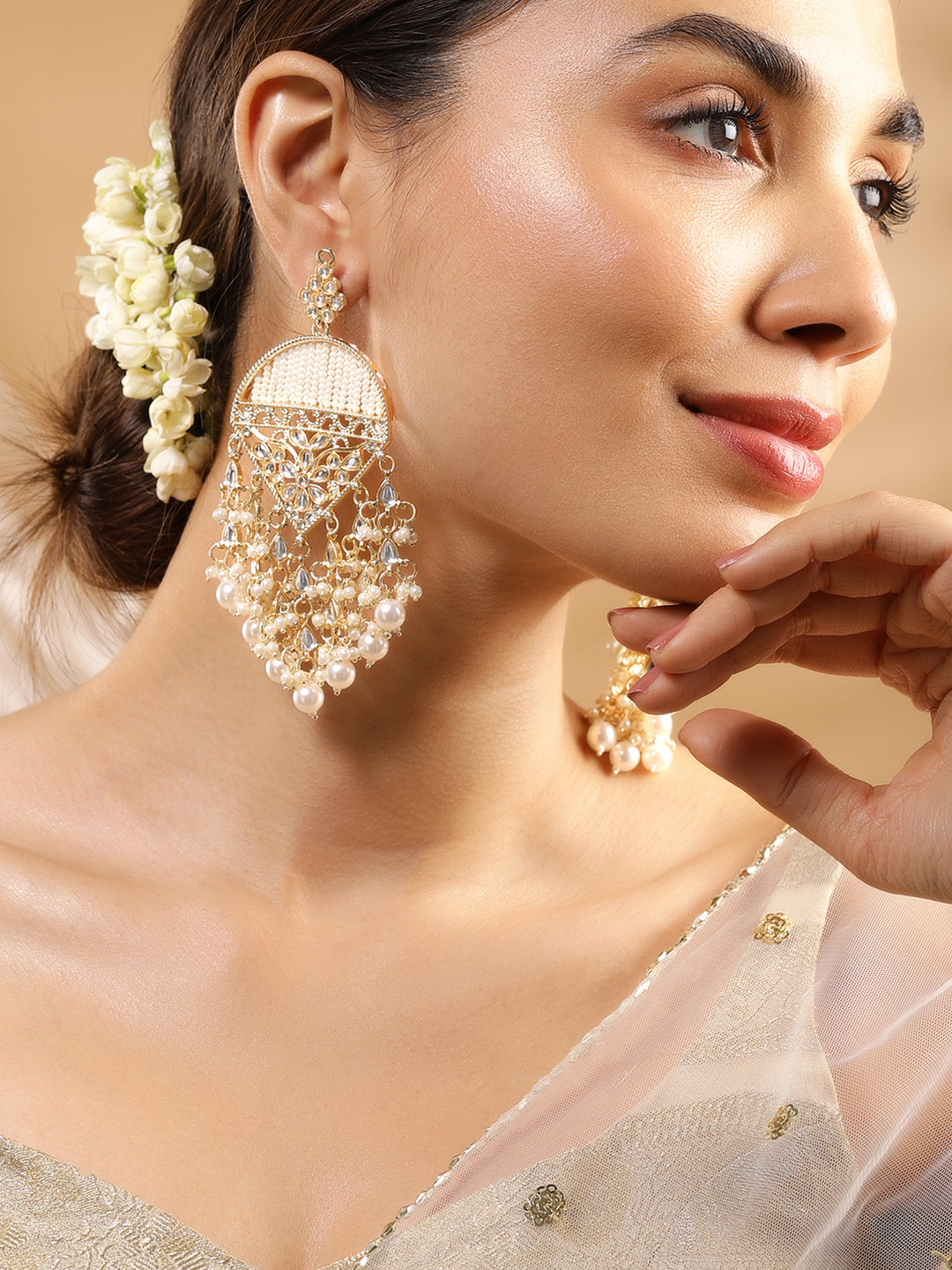 Rubans 18K Gold Plated Kundan Work and Off-White Pearl Beaded Big Chandelier Earrings