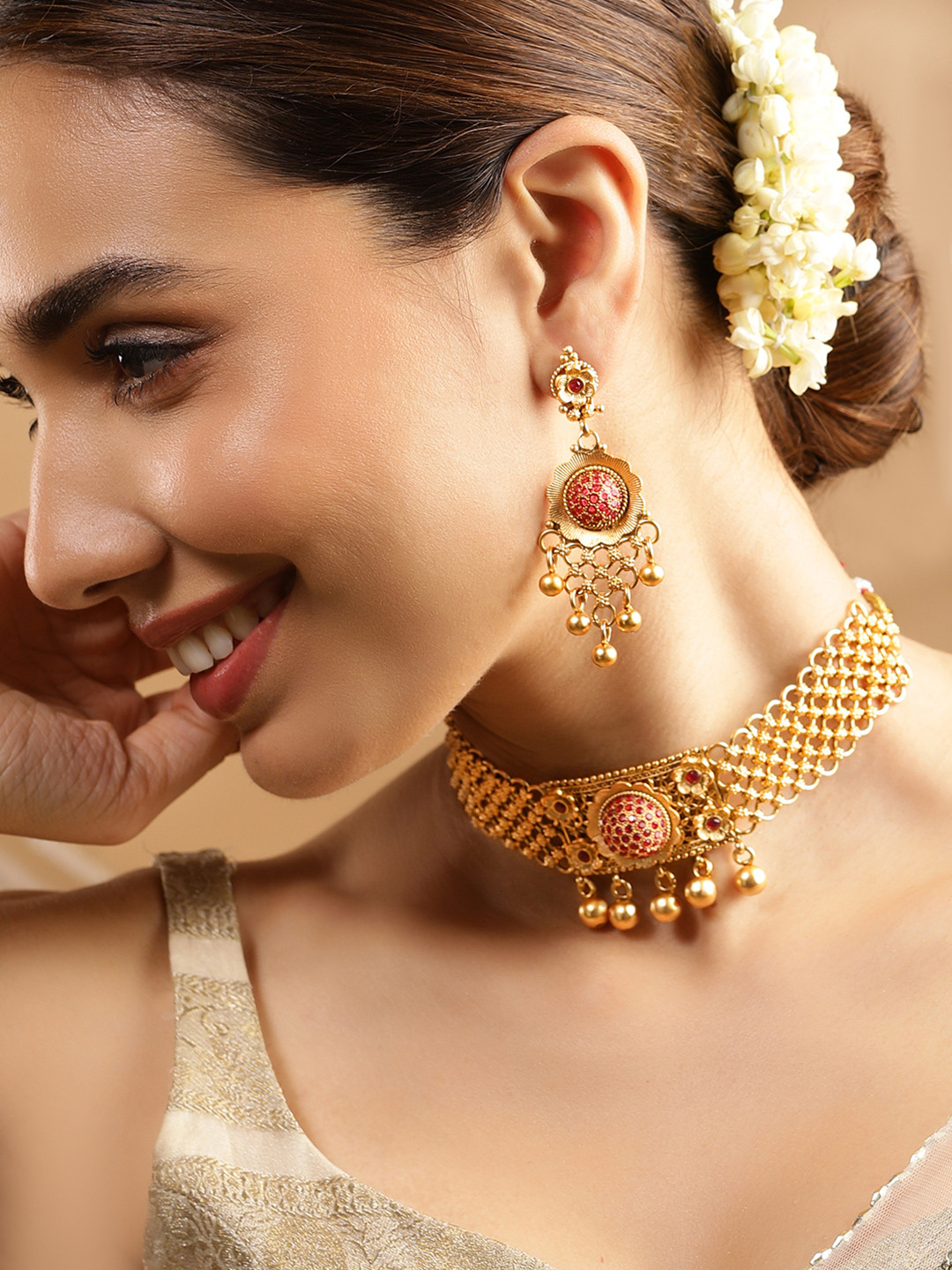 Rubans 24K Gold Plated Handcrafted Ruby Stone Studded & Gold Beaded Traditional Choker Set