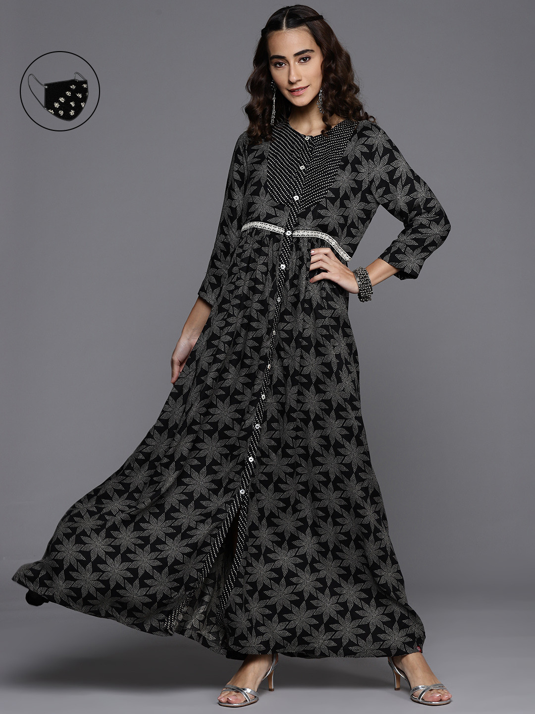 Biba Black & White Floral Printed Maxi Dress Comes With A Mask
