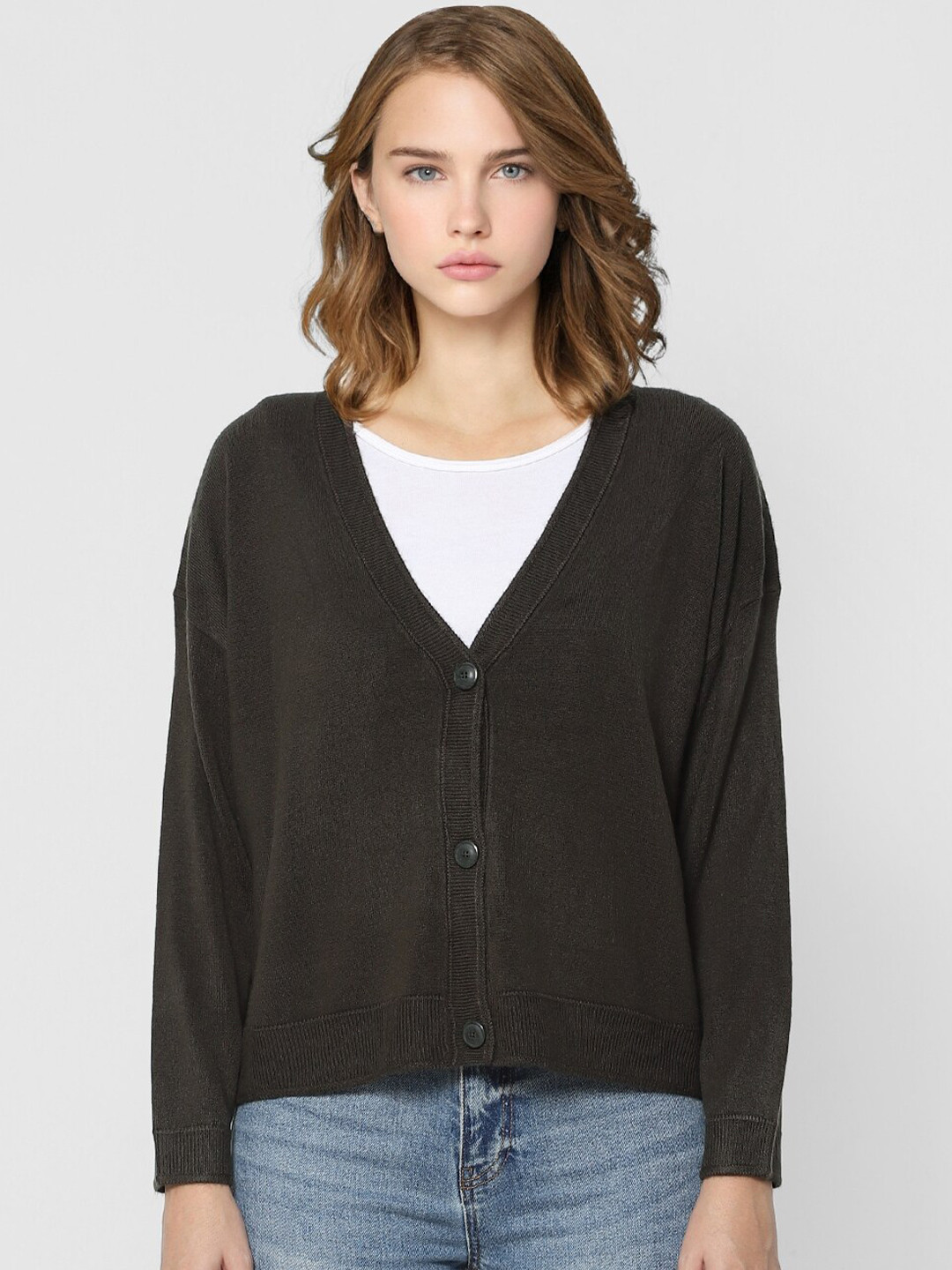 ONLY Women Olive Solid Acrylic Button Detail Cardigan