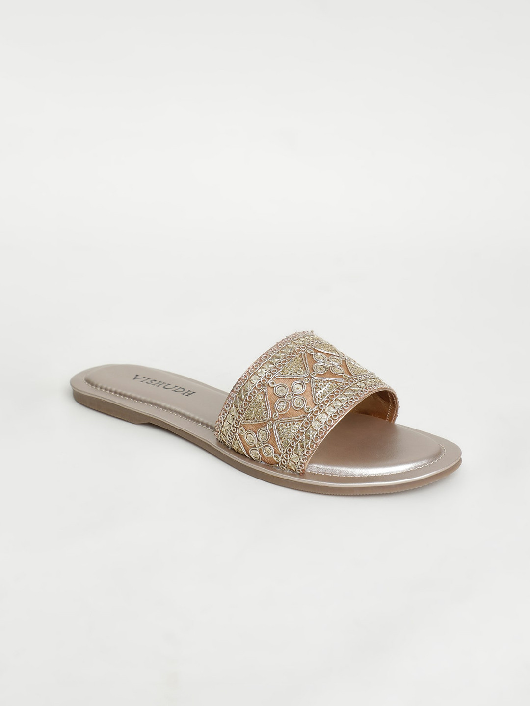Vishudh Women Gold-Toned Embellished Leather Ethnic Open Toe Flats
