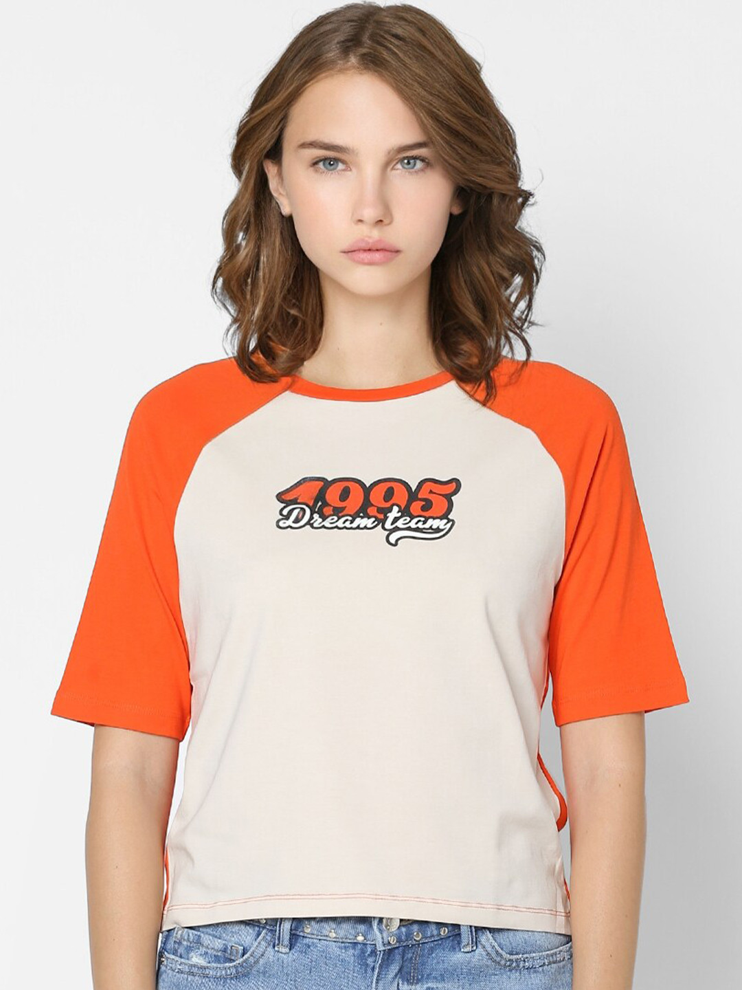 ONLY Women Off White & Orange Typography Printed T-shirt