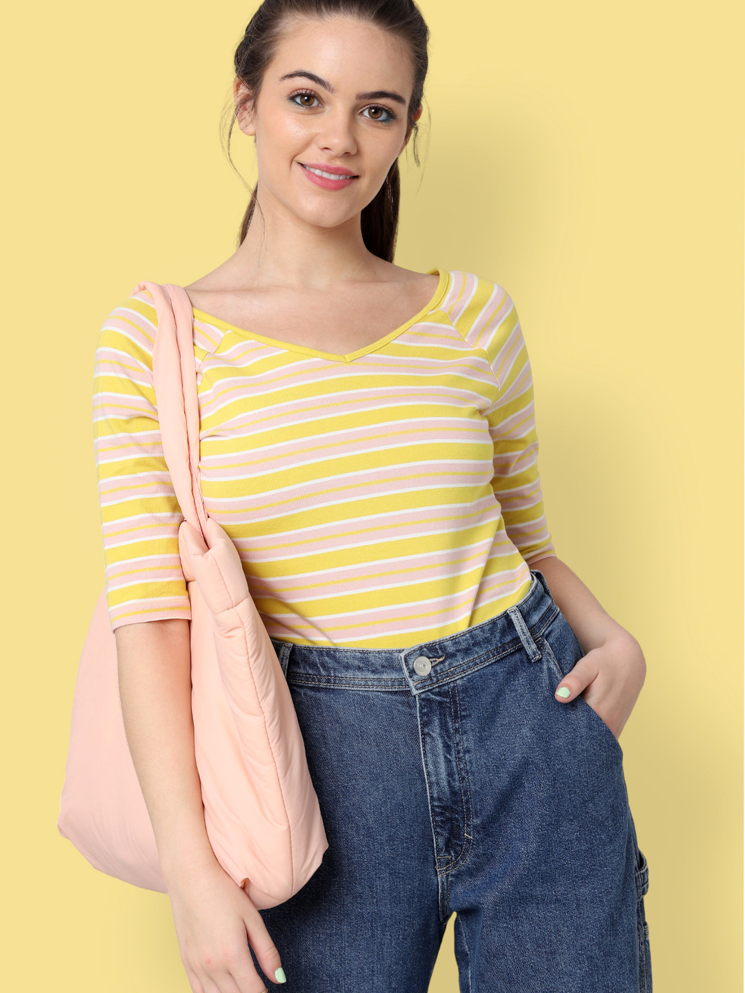 ONLY Women Yellow Striped V-Neck T-shirt