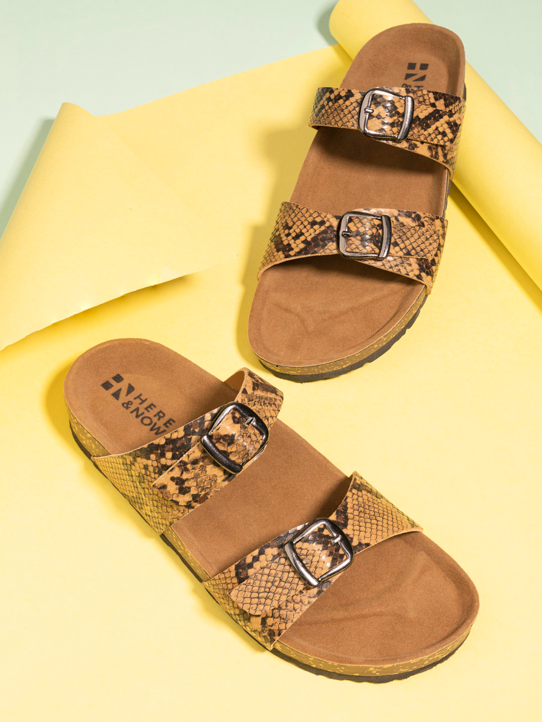 HERE&NOW Women Tan Self Design Open Toe Flats With Buckles