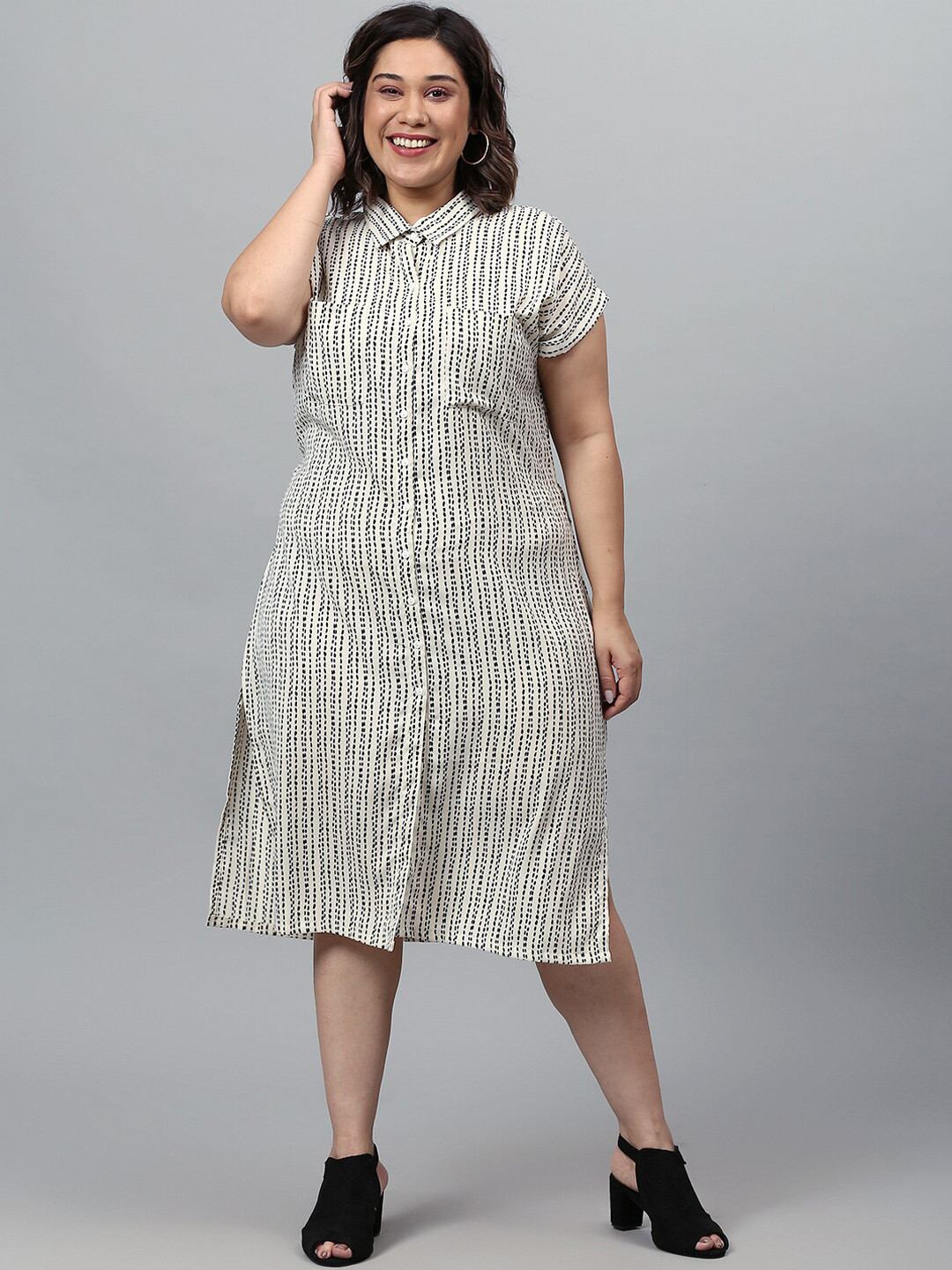 Instafab Plus Off White Striped Plus Size Shirt Midi Dress