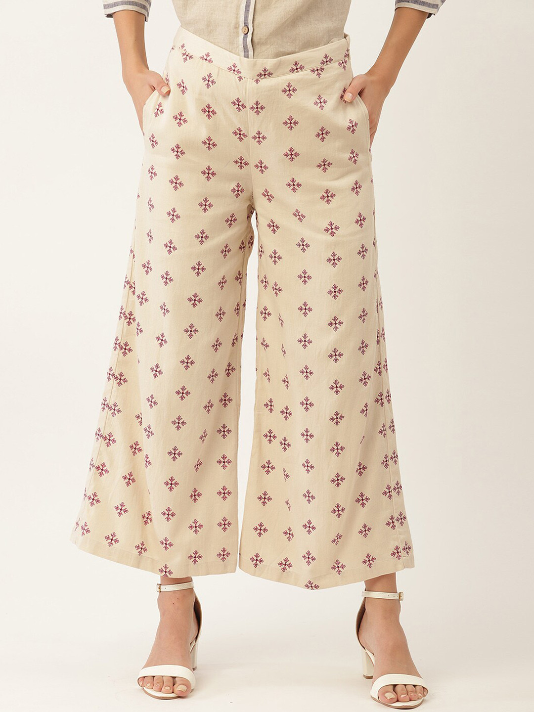 ROOTED Women Beige & Pink  Printed Parallel Cotton Trousers
