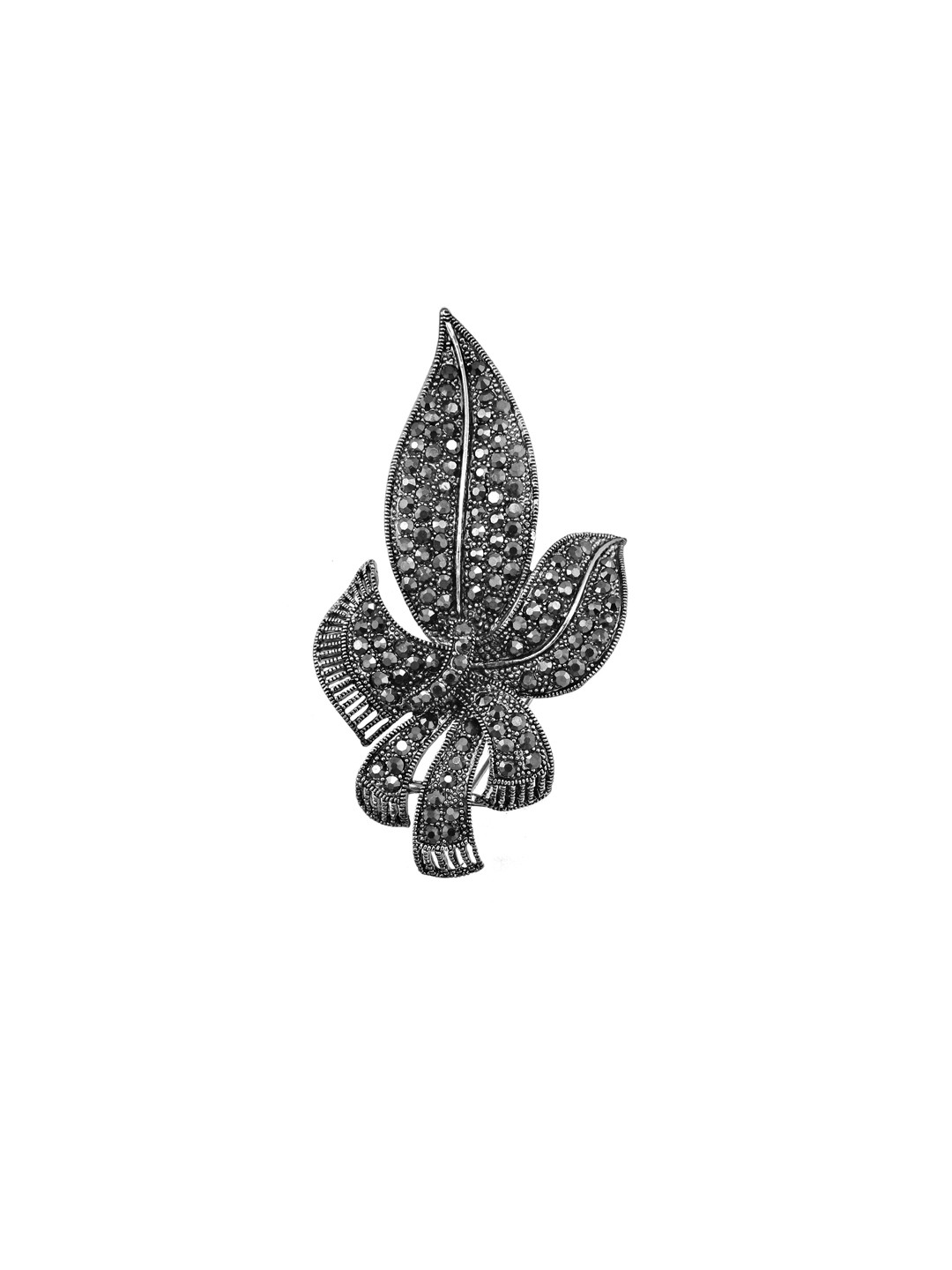 LUCKY JEWELLERY Rhodium-Plated Grey & Black Stone-Studded Brooch