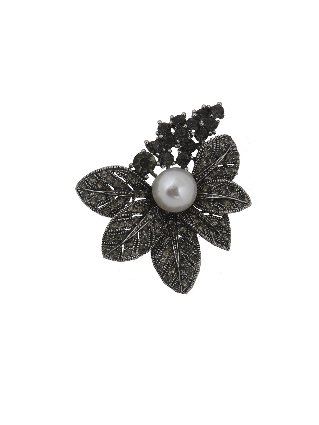 LUCKY JEWELLERY Rhodium-Plated Grey Melange Stone-Studded & Beaded Brooch