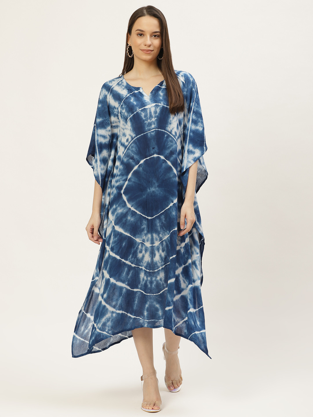 Maaesa Navy Blue & Off White Tie & Dye Kaftan Midi Dress