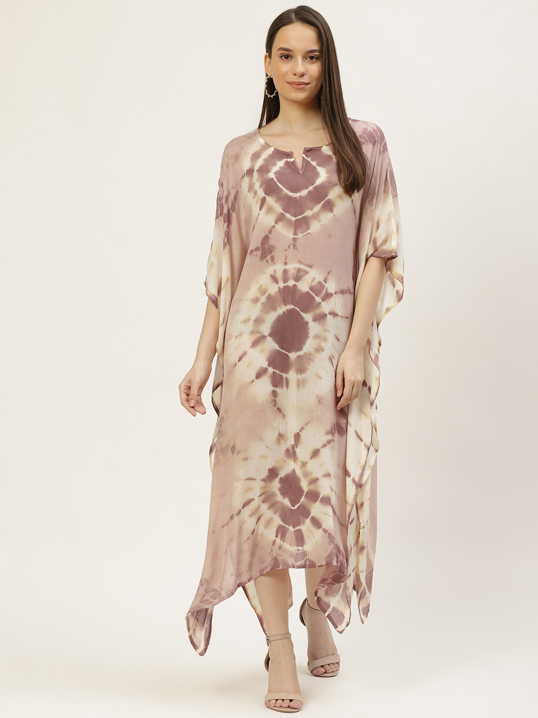 Maaesa Beige & Brown Dyed Crepe Midi Kaftan Dress