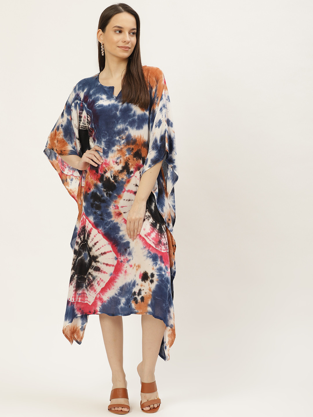 Maaesa Navy Blue & Brown Tie and Dye Kaftan Midi Dress