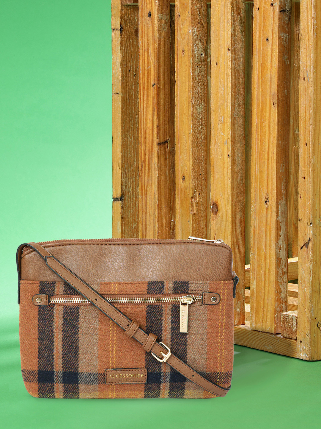 Accessorize Women Brown Carrie Checked Cross-Body Sling Bag