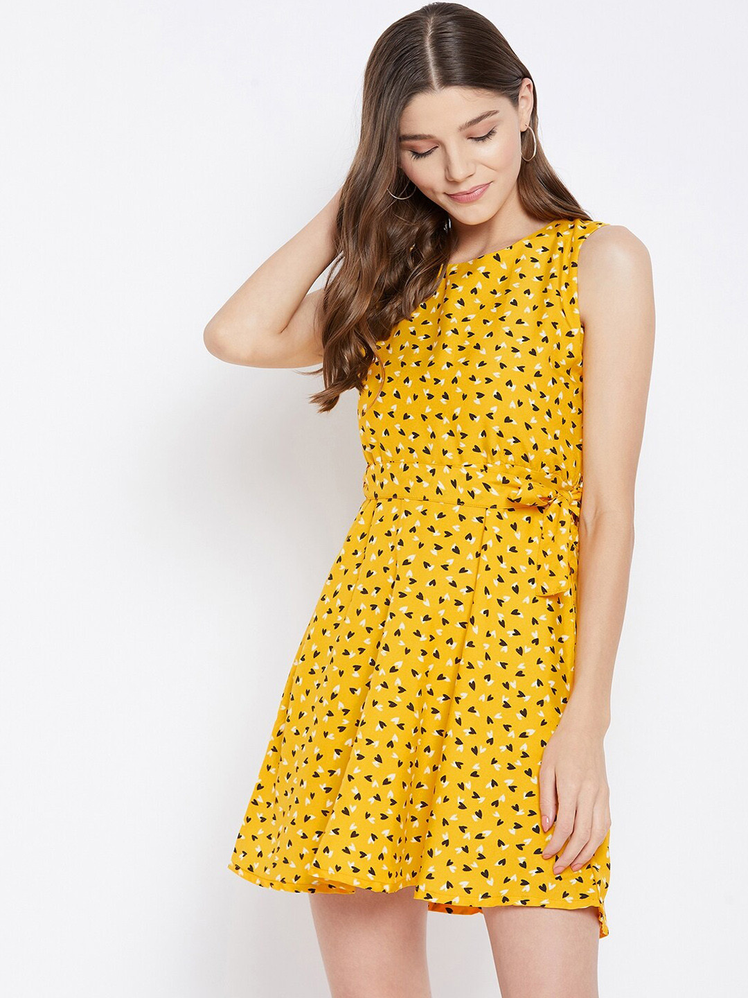 U&F Yellow Polka Crepe Mini Dress