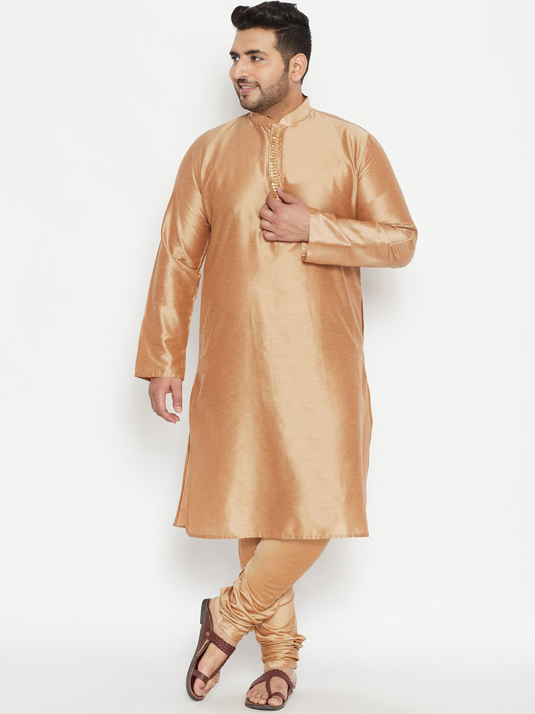 VASTRAMAY Men Gold-Toned Embroidered Panelled Kurta with Pyjamas