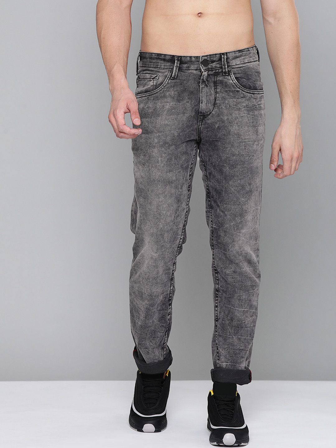 HERE&NOW Men Charcoal Light Fade Acid Wash Mid-Rise Stretchable Jeans