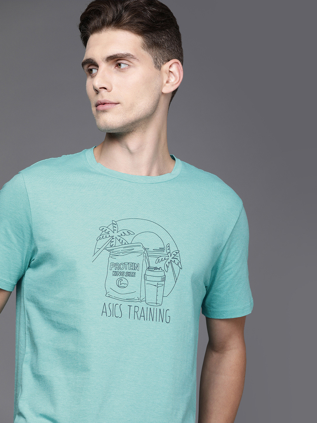 ASICS Men Green  Black Graphic Tee 2 Printed Training Pure Cotton Training T-shirt