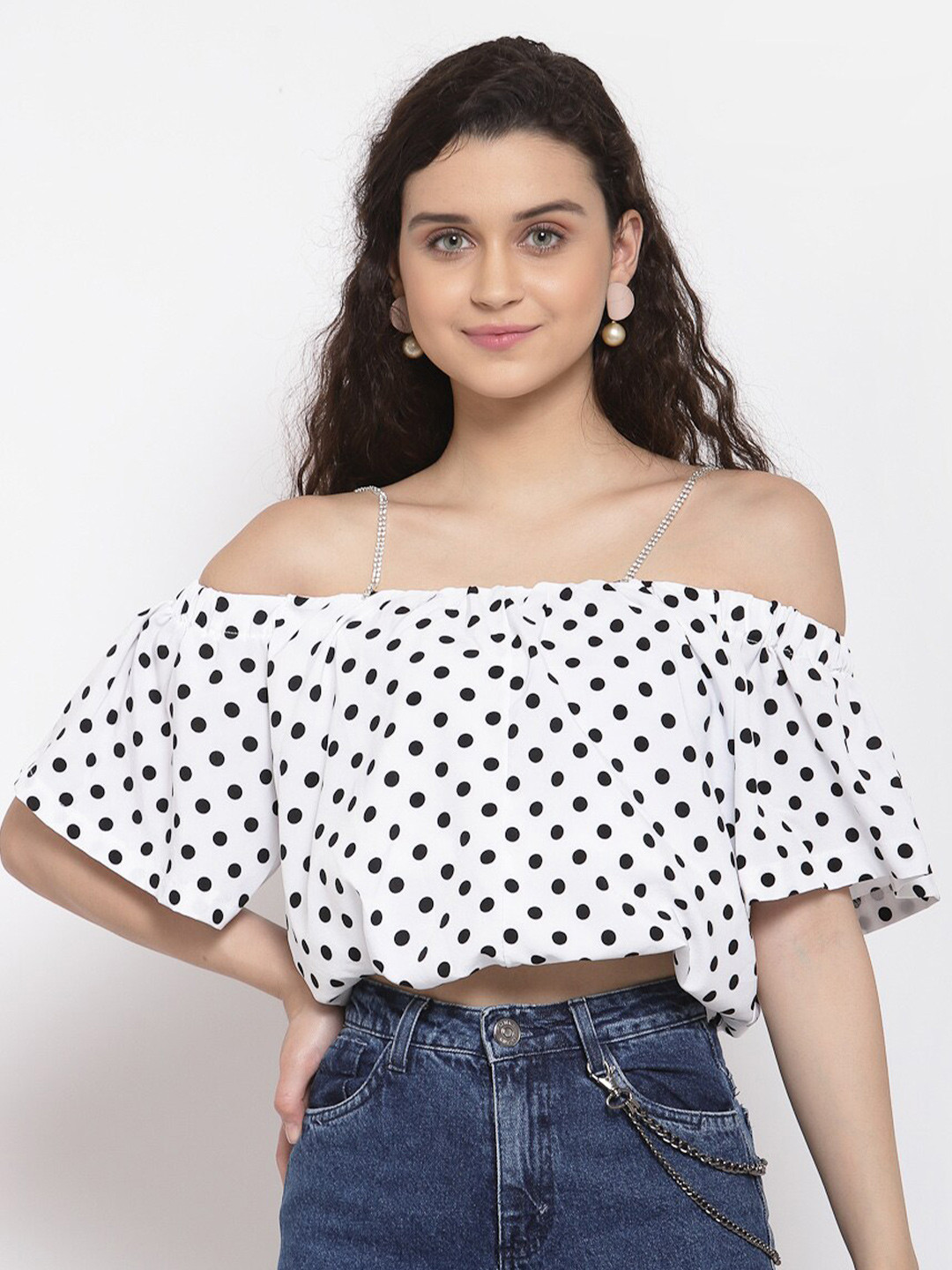 iki chic White Printed Shoulder Strap Bardot Crop Top
