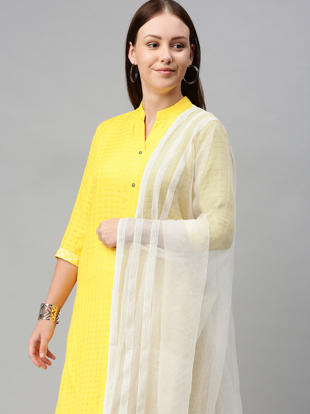 swatika White Striped Organza Bhagalpuri Handloom Dupatta