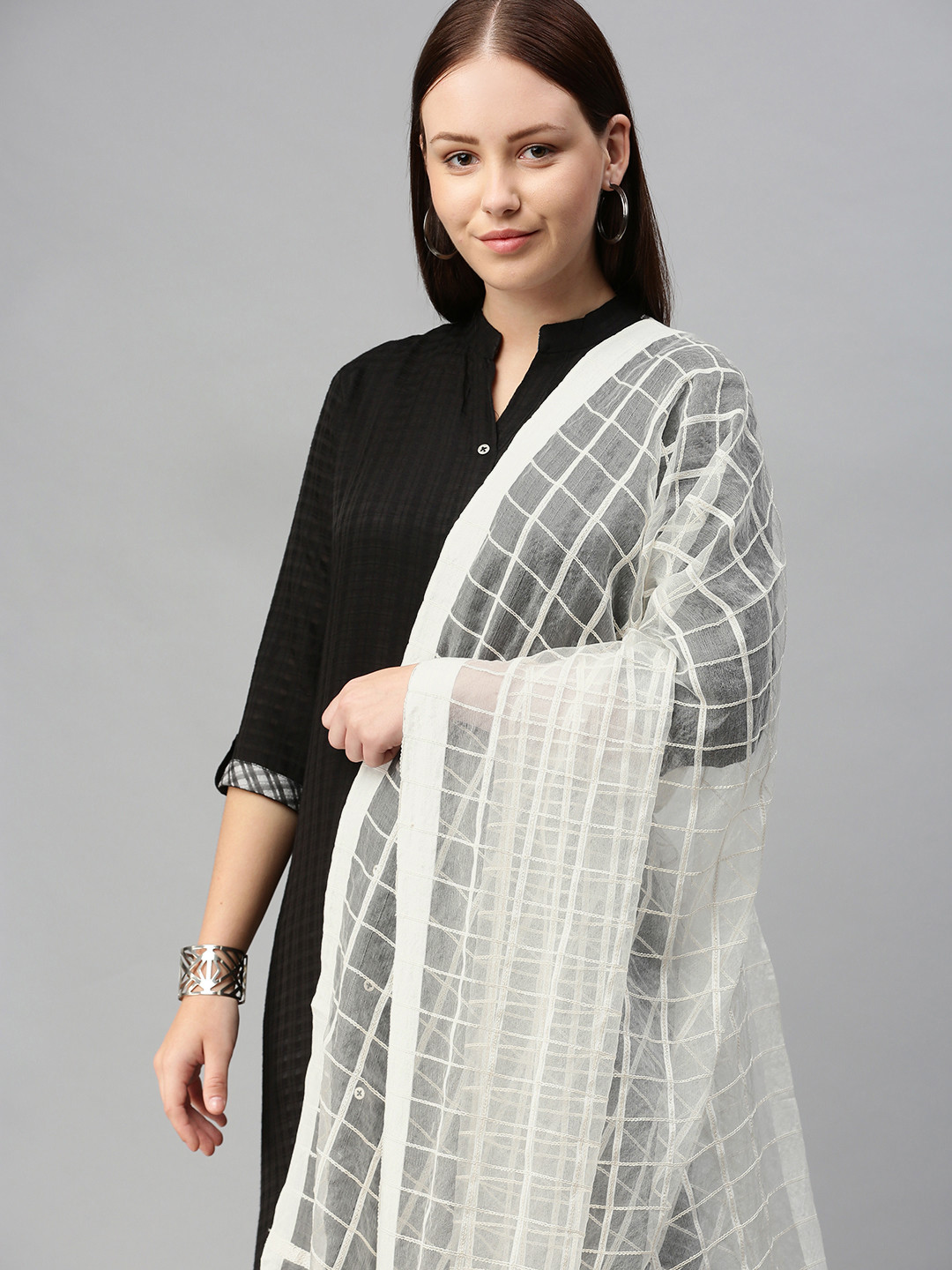 swatika White Woven Design Organza Bhagalpuri Handloom Dupatta