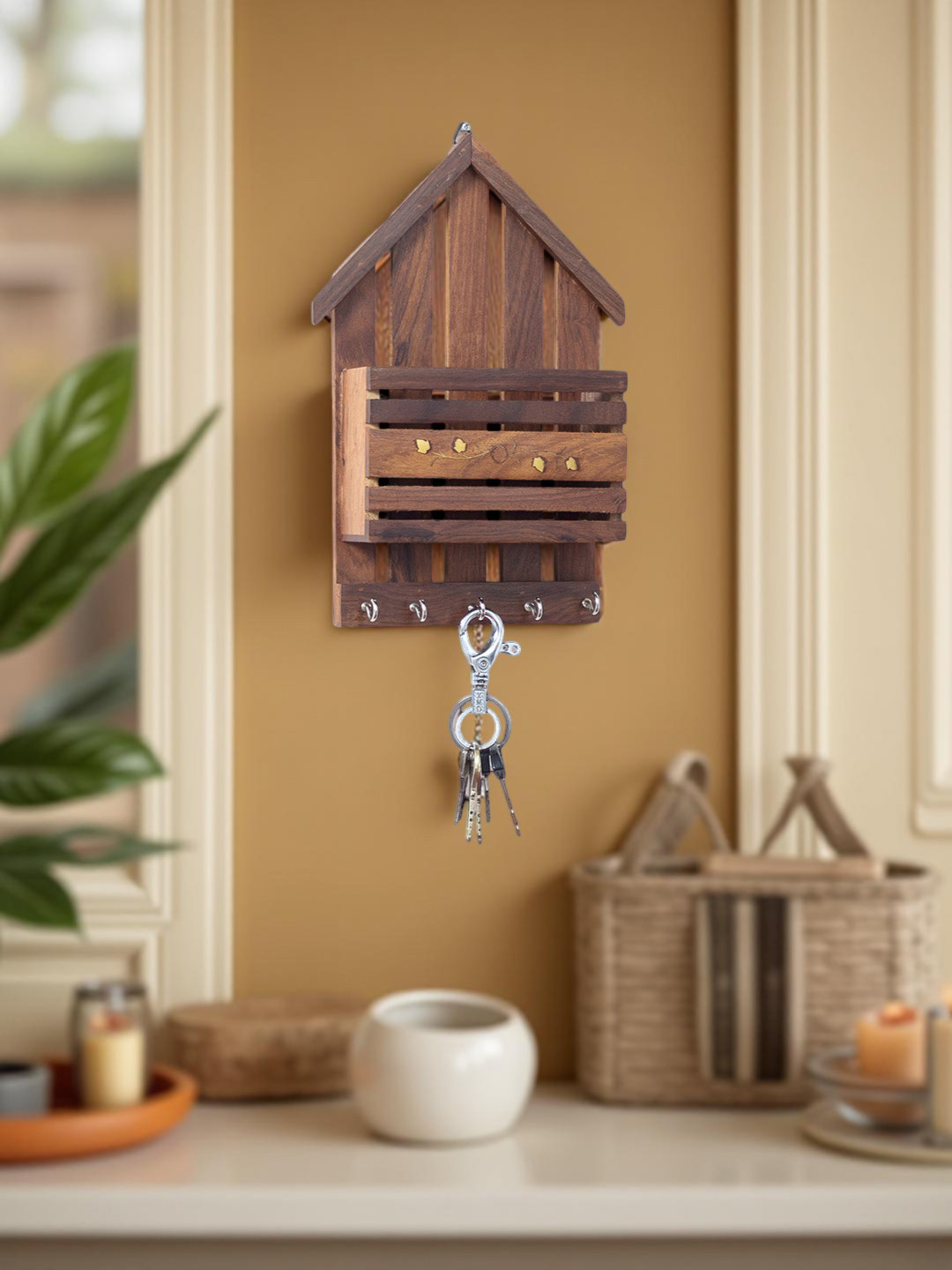 Golden Peacock Brown Solid Wooden Home-Shaped Key Holder & Magazine Organizer