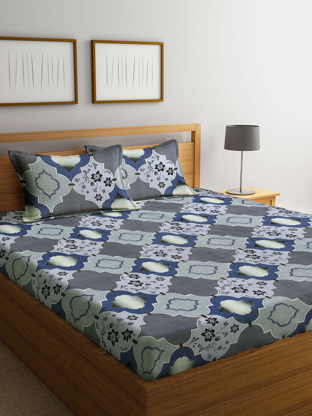 Arrabi Blue Ethnic Motifs Polycotton 300 TC King Fine Bedsheet with 2 Pillow Covers-98 x 89 inches