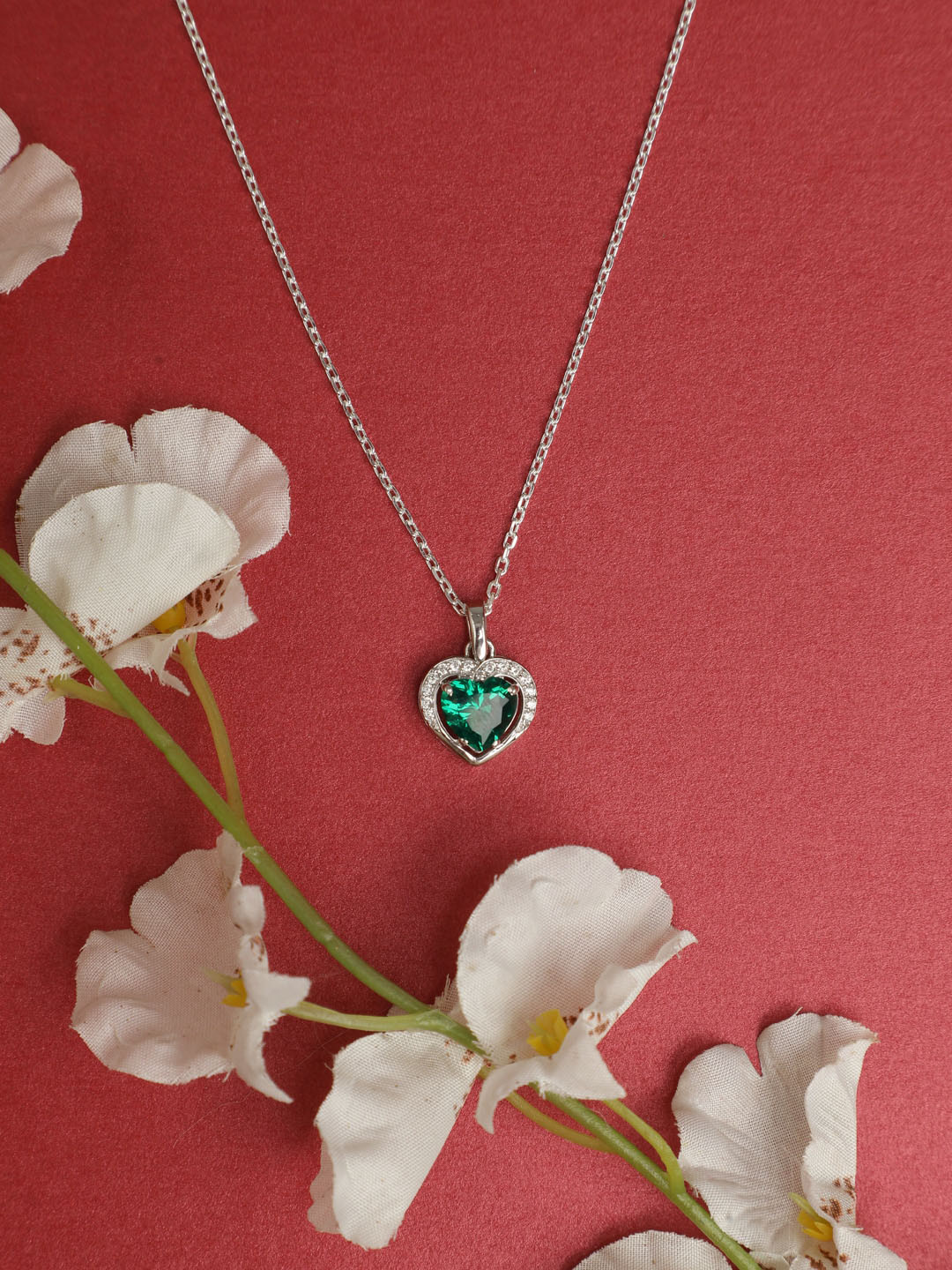 Clara Rhodium-Plated Silver-Toned & Green CZ Stone Studded Pendant With Chain