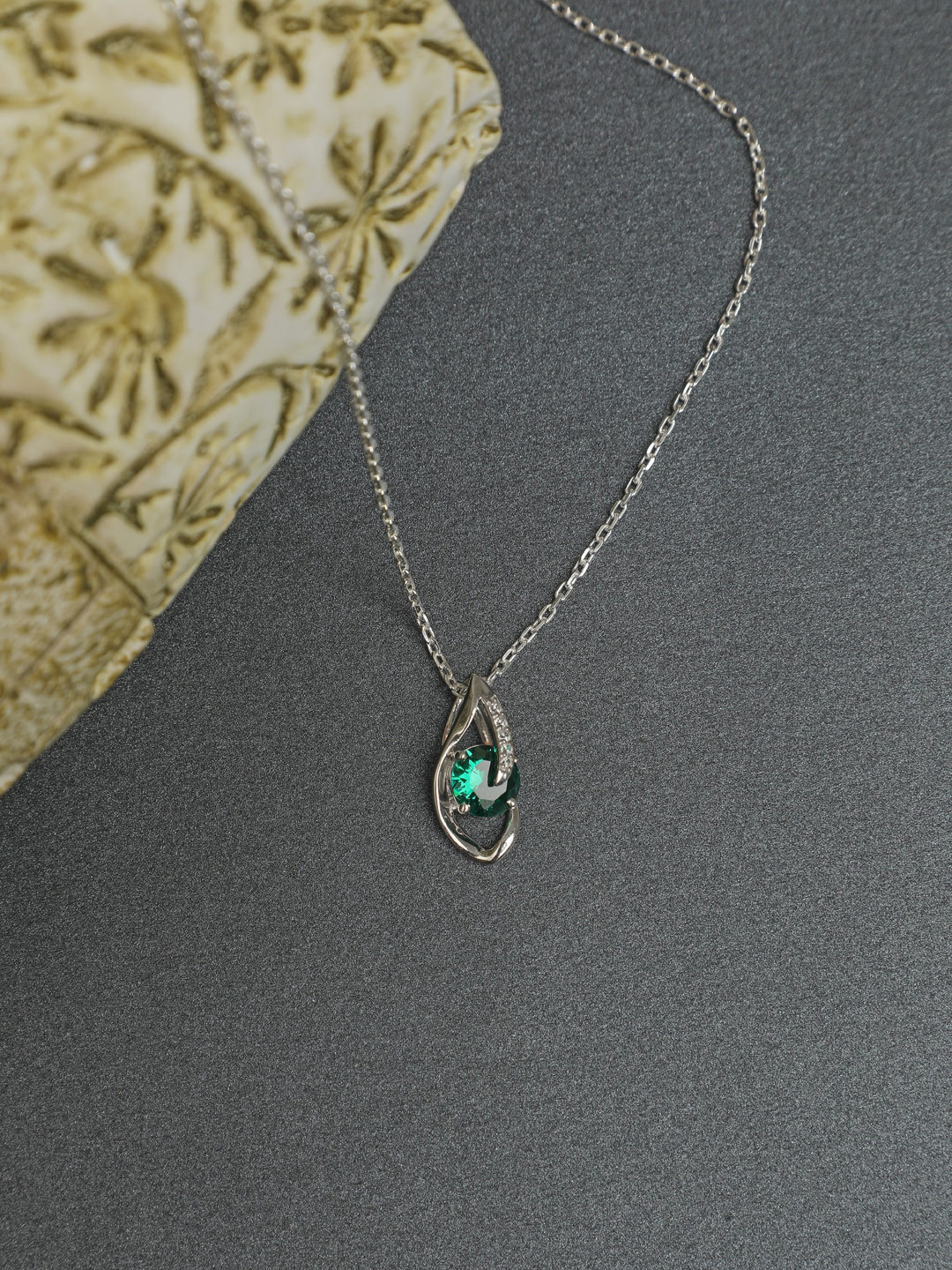 Clara 92.5 % Pure Sterling Silver Rhodium-Plated Silver-Toned Green CZ-Studded Pendant with Chain