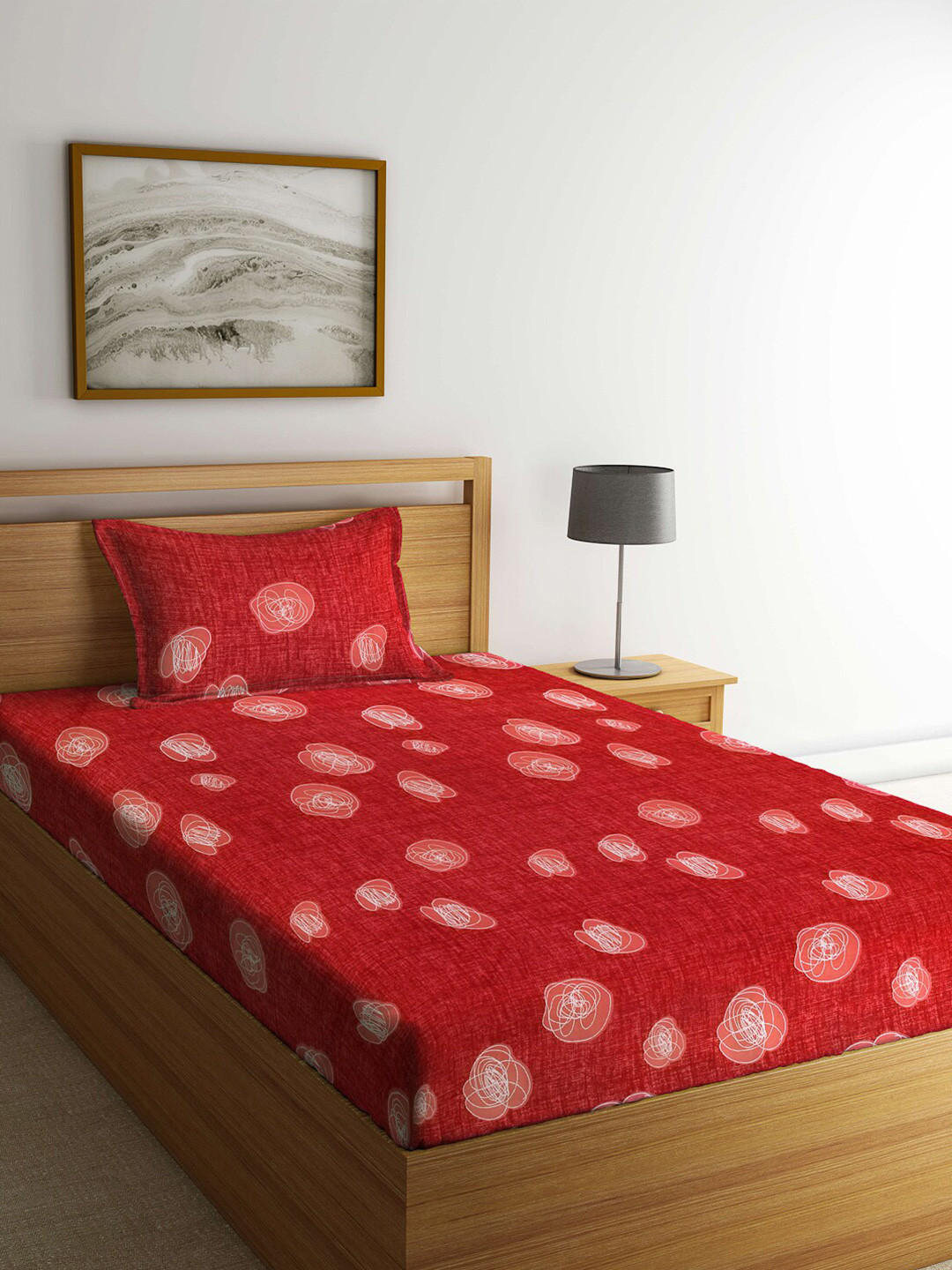 Arrabi Red Floral Cotton 300 TC Single Fine Bedsheet with a Pillow Cover-70 x 78 inches
