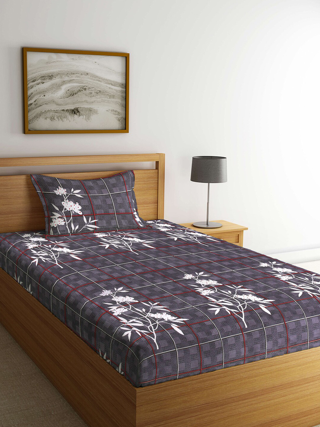 Arrabi Grey Floral Polycotton Skin-Friendly 300 TC Single Fine Bedsheet with a Pillow Cover-55 x 60 inches