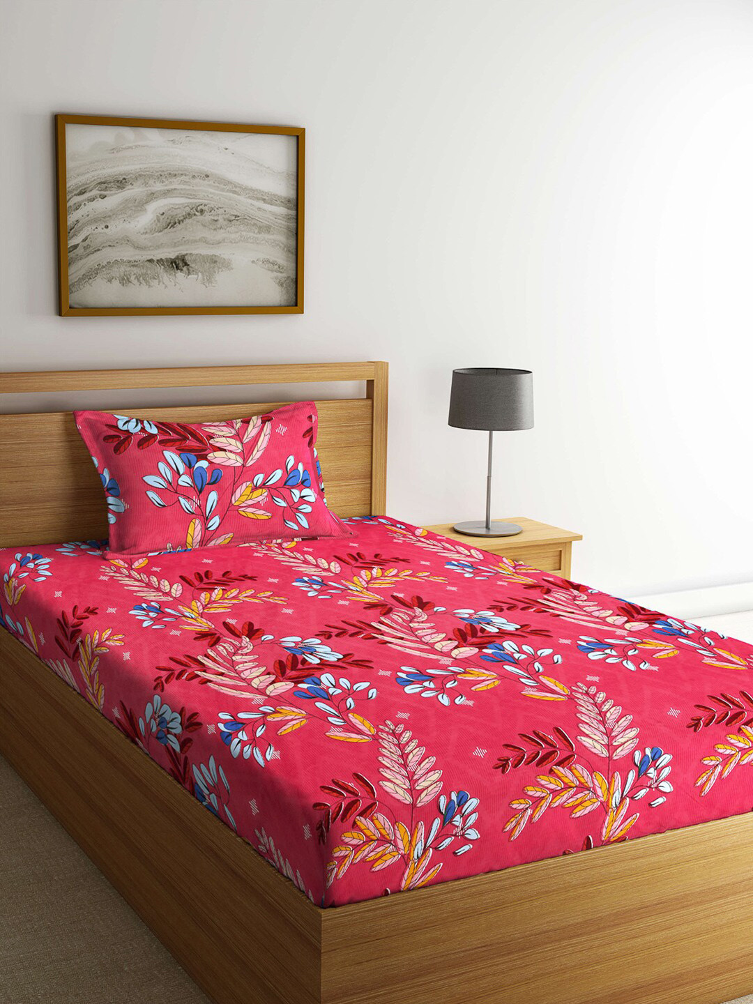 Arrabi Pink Floral Polycotton Skin-Friendly 300 TC Single Fine Bedsheet with a Pillow Cover-12 x 12 inches