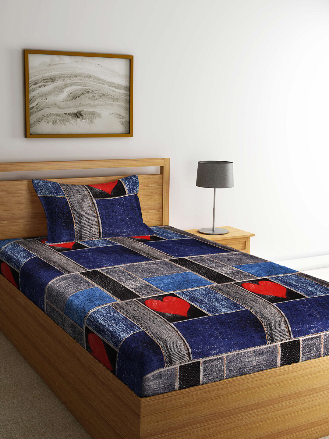 Arrabi Blue Geometric Polycotton 300 TC Single Fine Bedsheet with a Pillow Cover-87 x 93 inches
