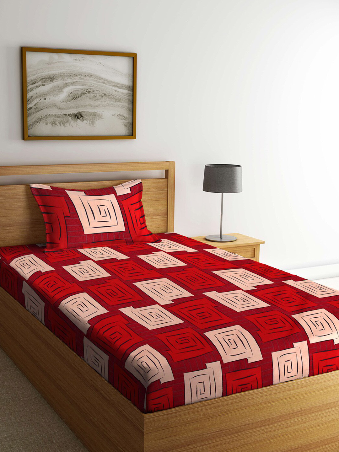Arrabi Red Abstract Cotton 300 TC Single Fine Bedsheet with a Pillow Cover-250 x 225 cm