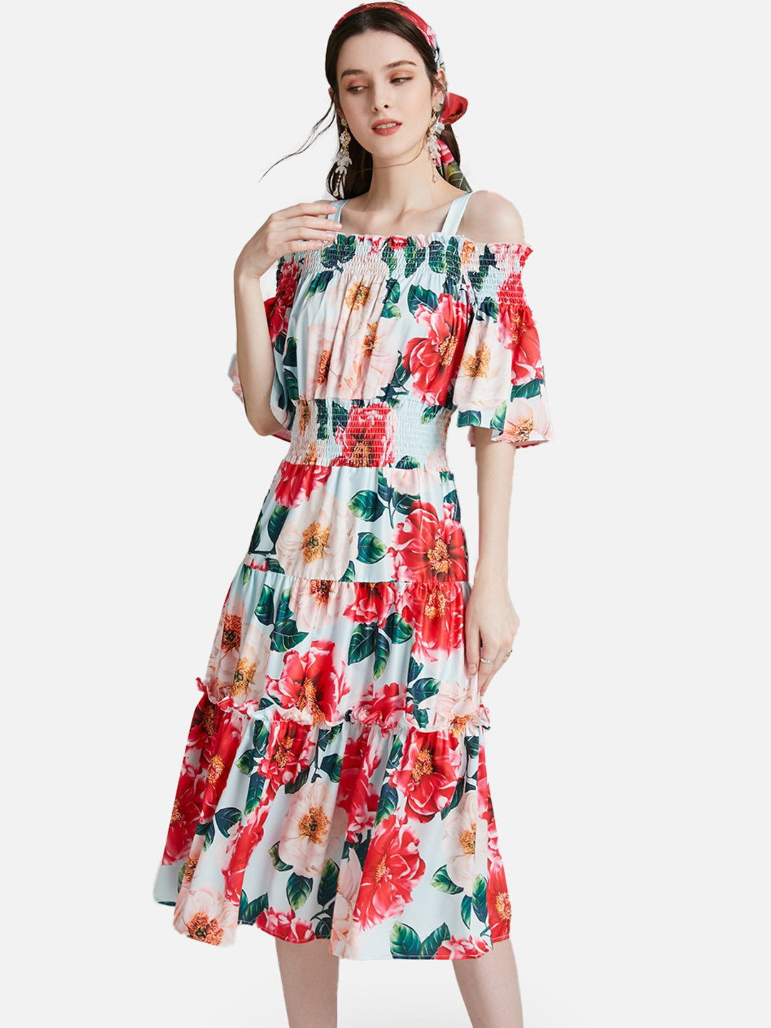 JC Collection Women Red & Green Floral Midi Dress